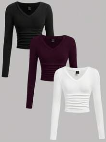 SHEIN EZwear 女士百搭V领褶皱腰部保暖长袖修身T恤，休闲百搭，冬季 - 彩色 - 查看 3