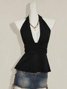 SHEIN ICON Regata Feminina Decote V Profundo Franzida Sexy Moda Halter de Cor Sólida - Preto - Visão 4