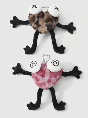 Kawaii 1pc Ins Style Cute Retro Fashion Plush Leopard/Pink Leopard Print Animal Pattern Stuffed Heart Cartoon Black Coal Eyes Limbs Dizzy Expression Decor DIY Plush Keychain Bag Charm, Random Color, Suitable For Couples, Best Friends, Sisters, Daily Wear, Holiday Gift