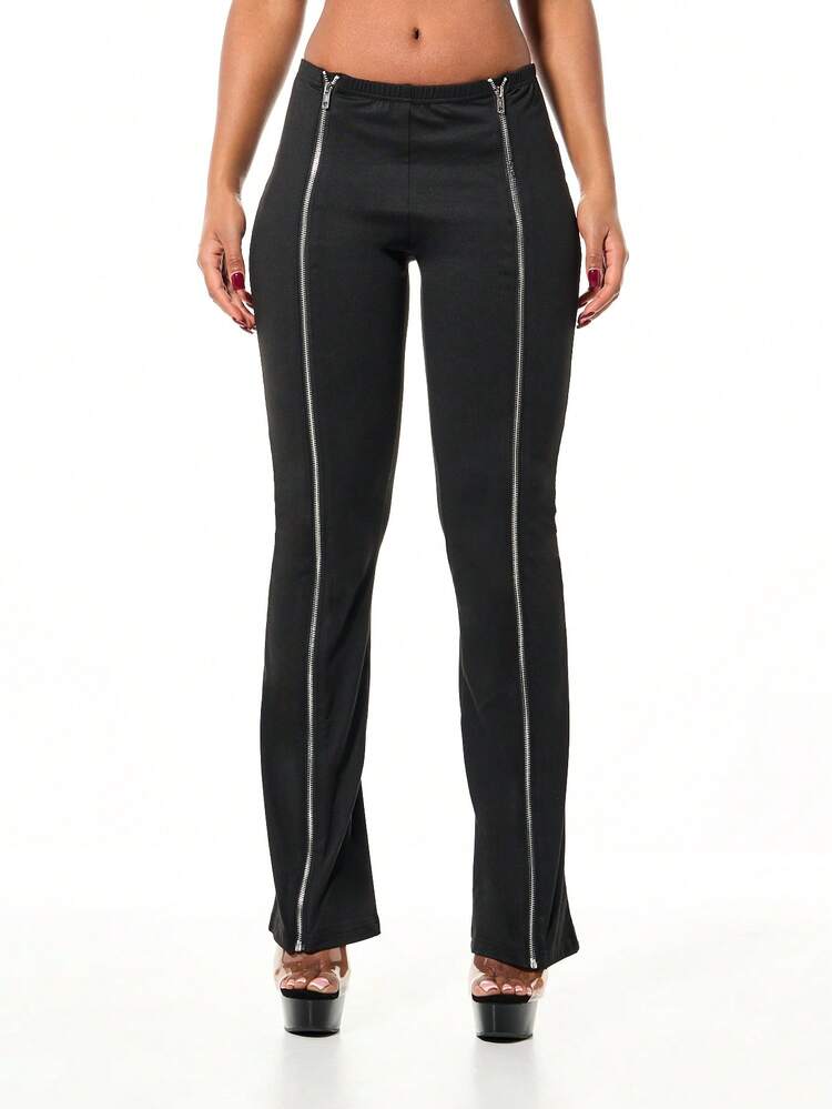 SUMWON Jersey Zip Low Rise Flare Trouser With Side Zippers And Bell Bottom Silhouette For Casual Everyday Wear