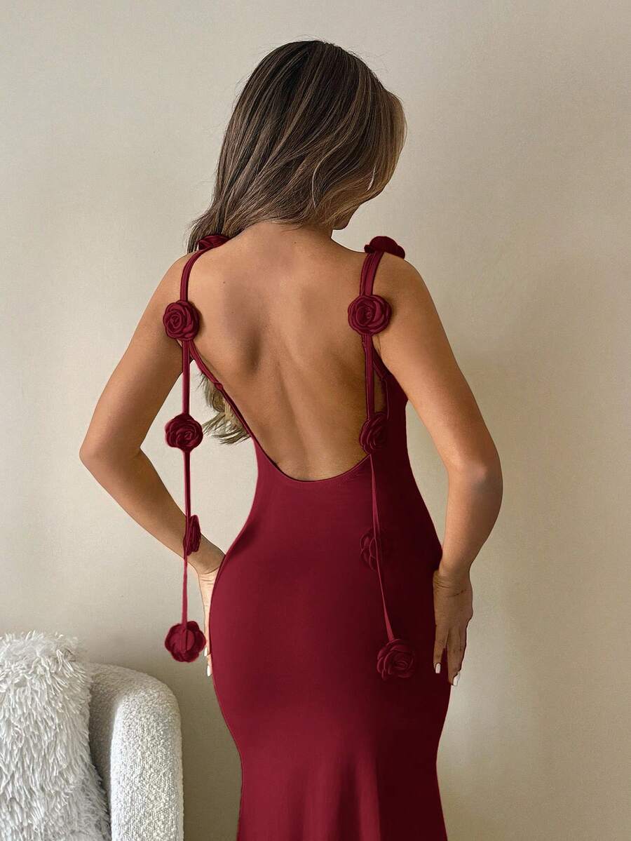 SHEIN ICON Damen Bodycon Kleid mit offenem Rücken und 3D Blumen Dekor - Bordeaux - Übersicht 1