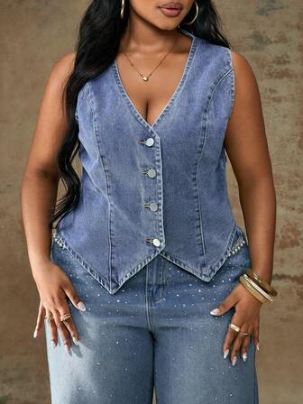 Truni 大码无袖牛仔夹克，简约时尚，适合日常休闲穿着