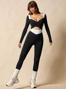 VARSIVA Women's Black And White Color Block Long-Sleeved Jumpsuit With Knotted Ballet Style, Elegant Long Sleeves, Crossover, Simple Casual Jumpsuit, Fitness Wear, Suitable For Yoga Fitness, Spring, Autumn And Winter - Multicolor - View 10