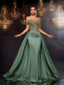 Glamrae Váy đuôi cá trễ vai đính cườm và sequin sang trọng thanh lịch với váy maxi xòe và đuôi váy, phù hợp cho đám cưới, sự kiện, tiệc tùng, ngày lễ, dạ tiệc (trang trí đậm) - màu xanh lá - Xem 4