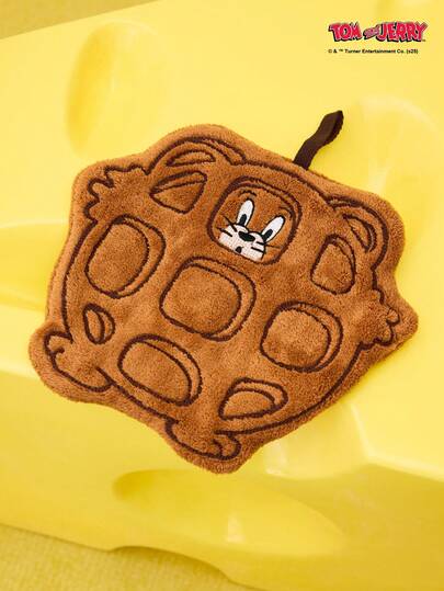 TOM & JERRY X Joivida 卡通杰瑞老鼠华夫饼造型趣味毛巾，高吸水性珊瑚绒挂式手巾，多功能清洁毛巾，适用于浴室和厨房，经典图案，日常家居使用和送礼佳品，柔软亲肤，易于悬挂，怀旧可爱设计，提升生活品质。