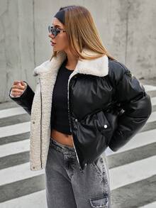 PU Leather Thermal Lined Pockets Turndown Collar Fashionable Long Sleeve Winter Jacket - Black - View 3