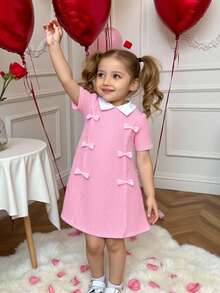 Đầm hồng đính nơ cổ cho bé gái, thích hợp mặc ngoài trời thanh lịch, giản dị, mùa xuân/hè - Hồng - Xem 10