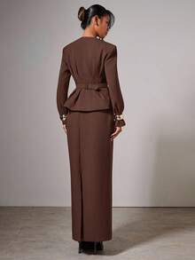 COSMINA 女士纯色单排扣深V领长袖修身优雅西装外套，秋冬款 - 巧克力棕 - 查看 2