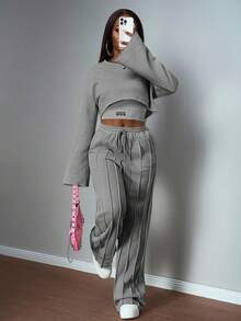 Slaydiva 2025 秋冬休闲百搭街头通勤女装三件套：白色和灰色纯色长袖运动衫和裤子 - 淺灰色 - 查看 3