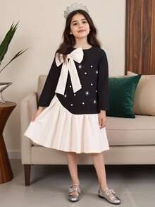 1pc Girls Young Girl Autumn New 2025 Black Round Neck Asymmetric Hem Splice Apricot Front Beaded Bow Detachable Elegant Princess Dress