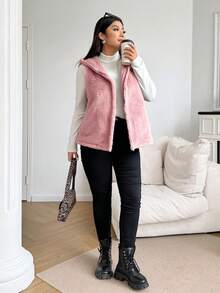 SHEIN EZwear Chaleco con capucha de unicolor y peludo de talla grande, otoño/invierno - Rosa vieja - Ver 4