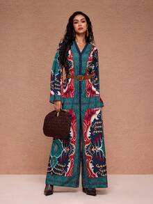 JIAN LASALA All-Over Print V Neck Flared Long Sleeve Button-Up Front Wide-Leg Long Women Jumpsuit Green Pajama Sleepwear Elegant Jumpsuit Bohemian Clothes Women Party Wedding Guest - Multicolor - View 6