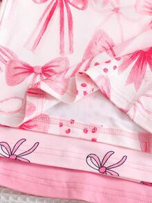 Conjunto de 6 piezas de pijama para niñas, top de manga larga con estampado de moño minimalista y moño 3D, y pantalones, conjunto de ropa de dormir - Multicolor - Ver 4