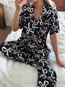 Dream Adore Bộ đồ ngủ tay ngắn in hình nơ và ngôi sao có cổ - màu đen - Xem 4