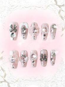 ROMWE Anime 10 Pieces Of Cute Style Bow Wings Love Elements Hand-Painted High-Quality Fake Nail Pieces + 3 Pieces Of Double-Sided Tape, Y 2 K Style Diamond Glitter Medium Coffin-Shaped Manicure, Suitable For Holiday Parties, Proms And Daily Wear.