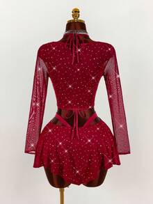 Amplova 2pcs/Set Sequin Detail Sexy Tight Fit Long Sleeve Crop Top & Tight Fit Inverted V Mini Skirt Sexy Two Piece Club Outfit Club Two Piece Set Sparkly Two Piece Set Mesh Two Piece Set Red Two Piece Set Vacation Outfits Women Y2K Valentine's Day - Burgundy - View 2