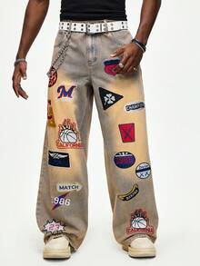 ROMWE MEN Men's Letter Embroidered Patch Pocket Wide Leg Loose Jeans - Bronze - View 6