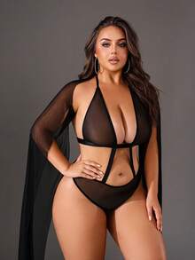 SpicyHot 2pcs Plus Size Sheer Mesh Sexy Lingerie Set - Black - View 7