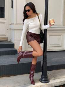 Chiquease Damen einfarbige Shorts mit Tasche, vielseitig einsetzbar, aus PU - Braun - Übersicht 4