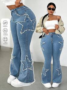 Dripcurv Plus-Size Women's Light Blue Star-Patterned Jeans, Suitable For All Seasons, Casual, Slim-Fit, Stretchy Flared Pants, Perfect For Everyday Street Style And New Year's Outfits. - Blue - View 3