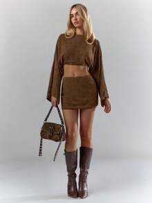 Glamine Women's V-Neck Split Sleeve Cropped Top And Mini Skirt 2 Pieces Set - Brown - View 4