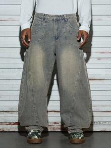 Modcrash 1件装男士Justice Brother风格休闲拼接喇叭牛仔裤，做旧水洗，宽松版型街头时尚阔腿裤，春夏皆宜 - 藍色 - 查看 4