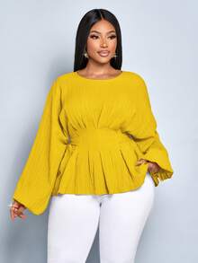 SOLERSUN 女士大码时尚纯色宽松休闲外出深褶蝙蝠袖长袖衬衫，宽松休闲上衣，露脐系带露背上衣，女士纯色圆领系带长袖衬衫，秋冬女装 - 芥末黃 - 查看 5