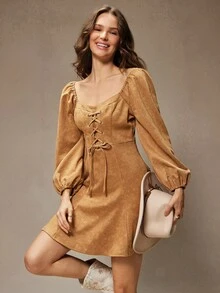 WESTFADE 压花花卉仿麂皮系带长袖修身A字迷你连衣裙，适合冬季、波西米亚风、西部风、假日、圣诞节、新年、纳什维尔牛仔风、休闲、可爱风格 - 棕色 - 查看 3