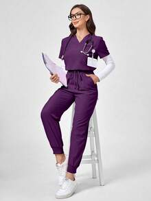 TaskEZ V-Neck Short Sleeve Top And Pocketed Pants Scrub Uniform Set - Purple - View 1