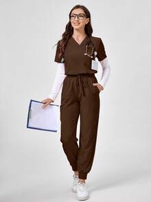 TaskEZ 简约纯色V领短袖上衣和拼接口袋长裤工作服套装