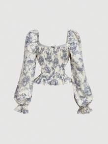 SHEIN MOD Áo cánh tay đèn lồng cổ vuông in hoa trắng xanh có bèo nhún – Phong cách sứ xanh trắng quyến rũ cổ điển cho trang phục hẹn hò, tiệc tùng, vũ hội, lễ hội và sinh nhật - Nhiều màu - Xem 2