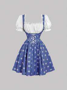 SHEIN MOD 复古可爱蓝色格子拼接连衣裙，泡泡袖，交叉系带——完美适用于度假、约会、野餐、派对、舞会、节日和生日等场合。 - 藍白色 - 查看 5