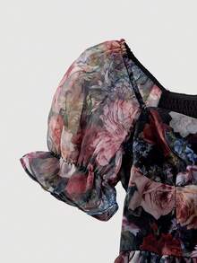 SHEIN MOD Váy hai lớp họa tiết hoa sơn dầu cổ điển màu đen cao thấp – Phong cách cổ điển, thẩm mỹ tiên nữ, trang phục du ngoạn dành cho nữ, hoàn hảo cho kỳ nghỉ, hẹn hò, dã ngoại, tiệc tùng, vũ hội, lễ hội và sinh nhật - màu đen - Xem 3