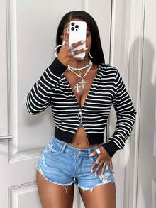 SHEIN BamGlam Women's Long Sleeve Hooded Cardigan, Black & White Striped Color Block, Casual & Fashionable For Daily Wear - Black - View 5
