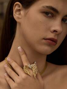 Opalesca 1 件时尚百搭的金色翅膀全镶钻开口戒指，适合搭配各种服饰，复古风格，婚礼/新娘配饰，西式珠宝，仙女风/精灵风，珍珠，秋冬/秋季，优雅 - 金黃色 - 查看 3