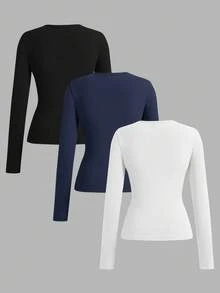 SHEIN EZwear 3件套女士深V领修身休闲长款基础保暖长袖T恤套装，适合秋冬季穿着 - 彩色 - 查看 2