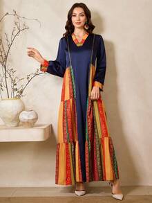 Al Najma Women's Elegant V-Neck Long Arabic Style Dress - Multicolor - View 2