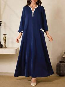 Al Najma Váy maxi Thổ Nhĩ Kỳ dài tay, cổ chữ V viền tương phản, phong cách Ả Rập truyền thống dành cho nữ - Màu xanh hải quân - Xem 3