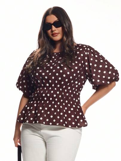 Solavibe Plus Size Women Round Neck Polka Dot Lantern Sleeve Top,Polka Dot,Polka Dot Top,Summer, Outdoor, Office, Business Casual, Formal Occasions Polka Dot Blouse Women Brown Top Plus Size Brown Top Casual Summer Top Brown Polka Dot Top Polka Dot,Brown Tops,,Vacation, Curve Blouse, Curve Plus Size Blouses, Summer Outfits For Women Curve