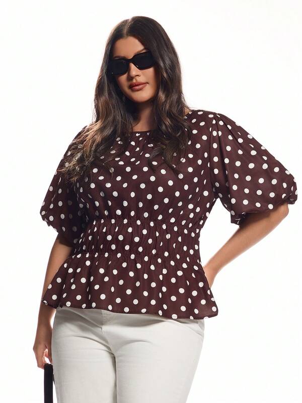 Solavibe Plus Size Women Round Neck Polka Dot Lantern Sleeve Top,Polka Dot,Polka Dot Top,Summer, Outdoor, Office, Business Casual, Formal Occasions Polka Dot Blouse Women Brown Top Plus Size Brown Top Casual Summer Top Brown Polka Dot Top Polka Dot,Brown Tops,,Vacation, Curve Blouse, Curve Plus Size Blouses, Summer Outfits For Women Curve
