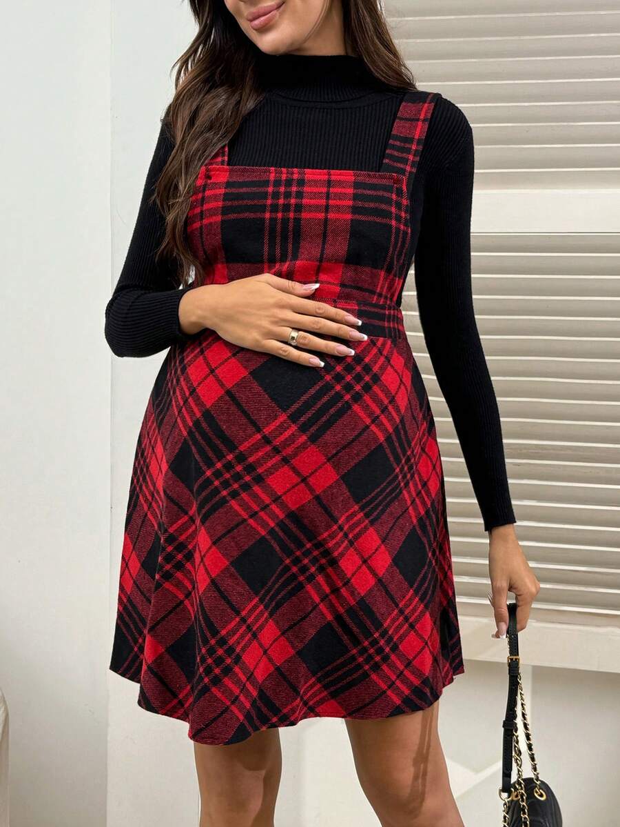 SHEIN Versatile Red Plaid Striped Suspender Dress, Suitable For Commuting - Red and Black - View 1