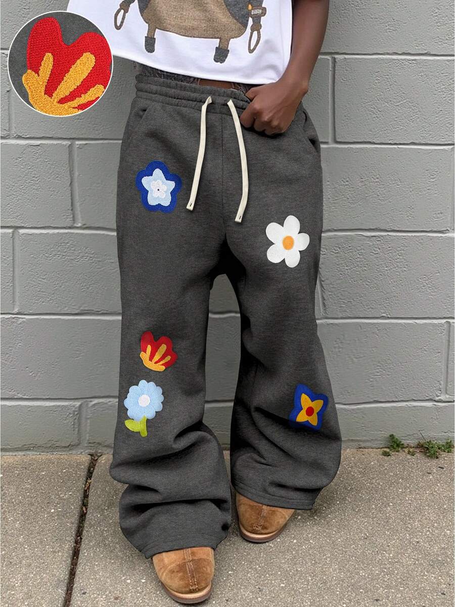 Manfinity EMRG Quần nỉ cạp rút thêu hoa thường ngày cho nam, Thu/Đông - Màu xám đen - Xem 1