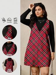 SHEIN LUNE Plus Size Women's Holiday Outfits Cozy Fit Red Plaid Relaxed Outfit Round Neck Sleeveless Slouchy Casual Style Checkered Dress Plus Size Dresses Plaid Dress Women