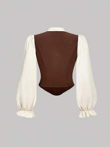 SHEIN MOD Plus Size Women's Fashion French Style Contrast Color Lantern Sleeve Blouse,Halloween,Going Out Tops,Fall For Women,Goth,Country Concert,Grunge,Boho Women,Old Money Style Women,Western,Back To School,Western Wear,Winter For Women,Pirate,Fall For Women,Halloween Cosplay.Christmas And New Year Outfits, Autumn And Winter Outfits - Coffee Brown - View 2