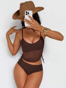 Oceva 女士棕色网纱拼接U领性感优雅简约抽绳修身吊带背心比基尼沙滩度假装 - 棕色 - 查看 7