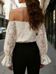 Balvessa Bluzka damska z koronką odsłaniającą ramiona i wiązaniem przy szyi, z długim rękawem - Morela - Zobacz 2
