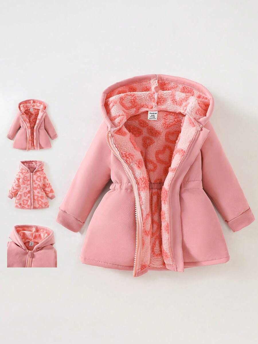 SHEIN Playful Pals 女婴幼儿新生儿0-3岁保暖双面连帽仿毛皮法兰绒豹纹及纯黑色中长外套，秋冬款