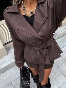 Siren Gaze 女士棕色麂皮短款风衣外套，配腰带、翻领和系带，复古时尚外套，秋冬街头风 - 咖啡棕 - 查看 5