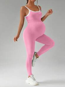 SHEIN 孕妇撞色露背运动连体裤 - 粉色 - 查看 5