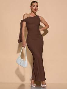 SHEIN BAE Women's Solid Color Asymmetric Shoulder Tie Ruched Elegant Slit Dress, Suitable For Graduation - Brown - View 5